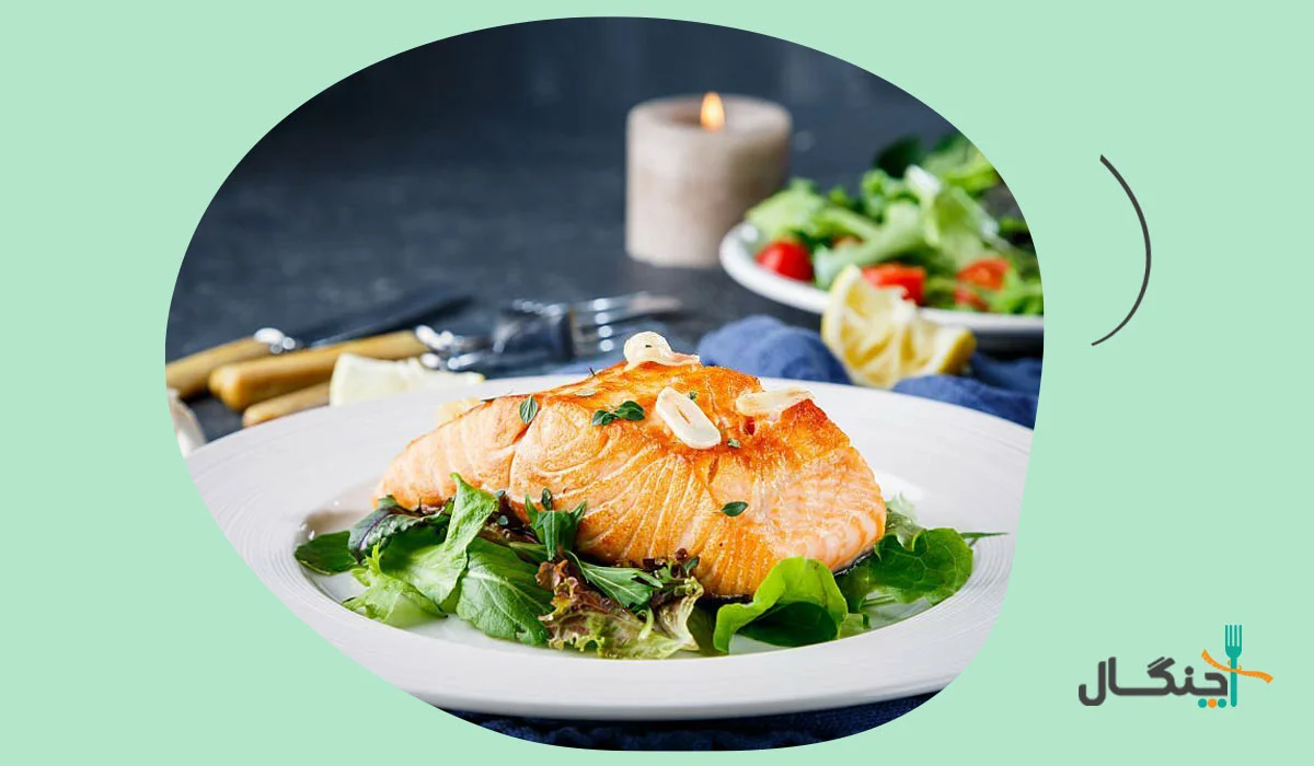 ماهی سالمون با کره و سبزیجات در نمونه 14 روزه رژیم اتکینز
